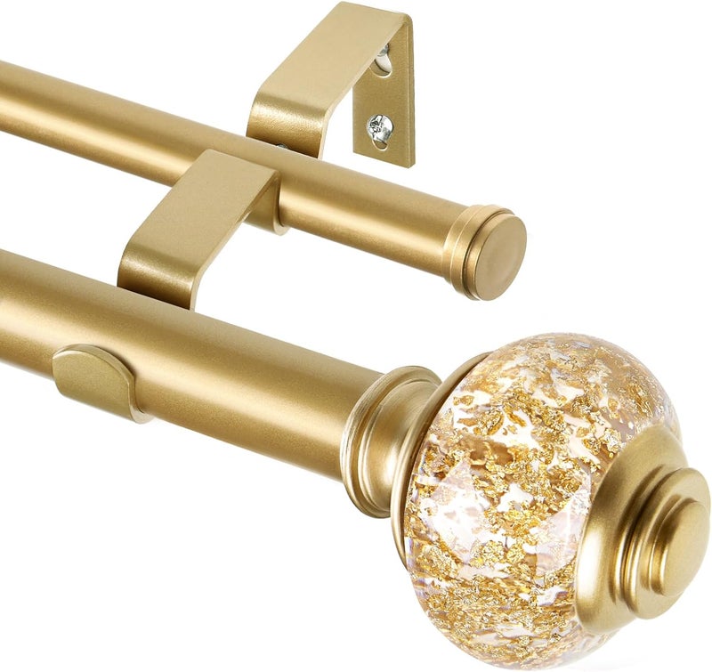 USFOOK 1 Inch Gold Double Curtain Rods for Windows 120 to 180 Inches, Adjustable Heavy Duty Drapery Rods 140 to 195 Inches, Telescoping Dual Curtain Rod with Translucent Finials, Wall Mounted - Image 1